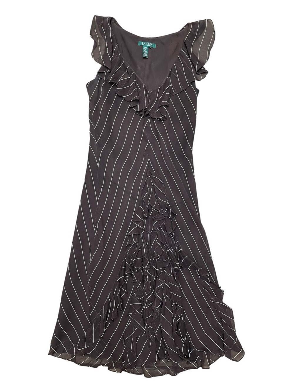 Lauren Ralph Lauren 100% Silk Ruffle Dress Brown Pinstripe Sleeveless Size 6 - Picture 9 of 9